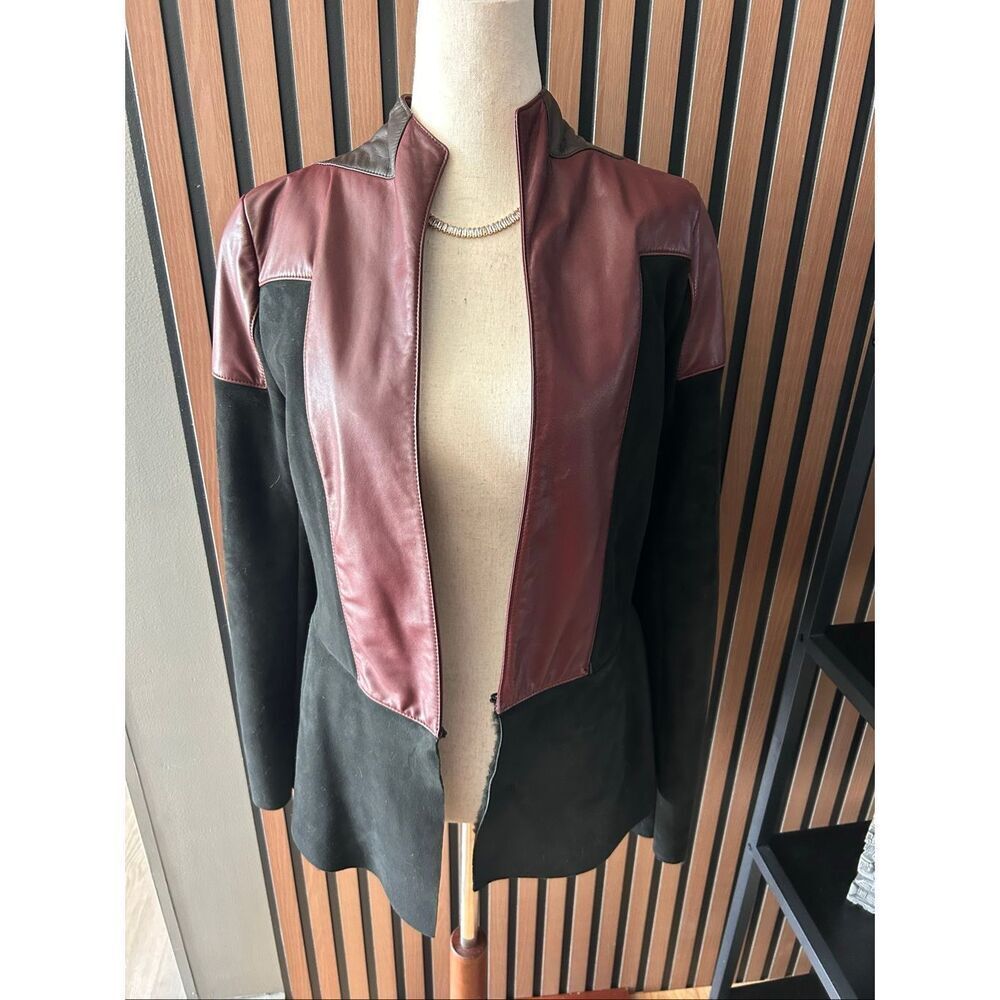 VIONNET PARIS Leather Jacket black and burgundy size 40 Rare lamb fur